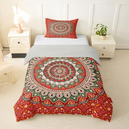 Manfei Peacock Mandala Kids Duvet Cover Set Twin Red - Boho Girls Boys Bedding