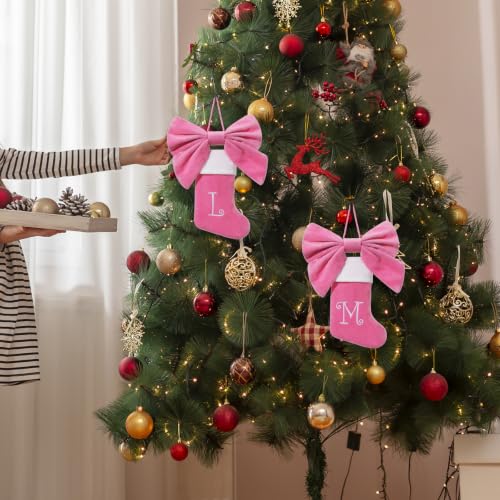 Mini Pink Velvet Christmas Stocking with Bow & Embroidered Monogram - Pink-A