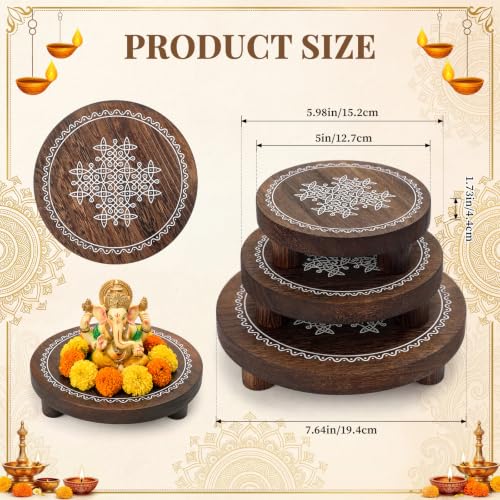 Diwali Wooden Pooja Stand Set - Round Risers with Kolam Design, 3 Pieces