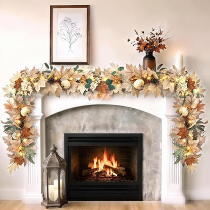 1 pcs 6Ft Fall Leaves Garland with Lights for Mantel Decor Pumpkin Pinecone Berry