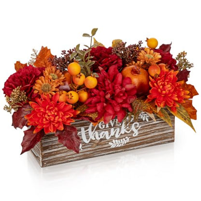 Fall Floral Centerpiece with Rustic Wooden Planter for Thanksgiving & Holiday Decor