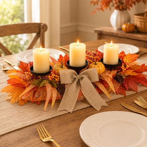 Yellow 26-Inch Fall Candle Holder Centerpiece with Pumpkins and Burlap Bow