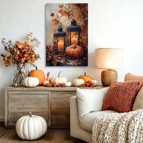 Fall Pumpkin Canvas Wall Art with Lanterns & Maple Leaves - 24x16 Inches - Rustic Autumn Decor