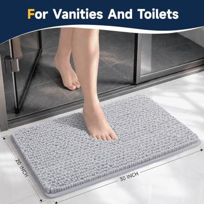 Grey Bathroom Rug 30x20 Chenille Non Slip Absorbent Quick Dry Bath Mat - Soft Floor Rug Set