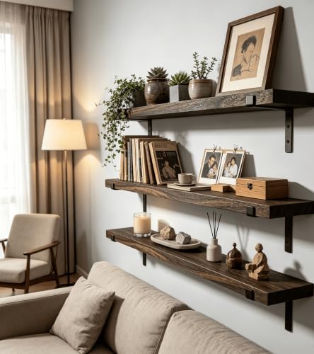 Farmhouse Rustic Wood Floating Shelves Set of 4 - 24 Inch Wall Storage