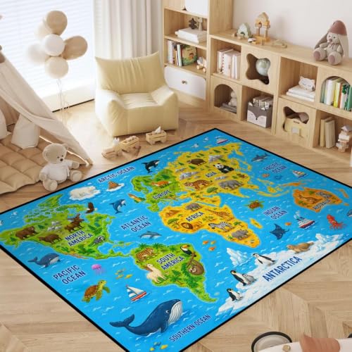 Map 01 Kids Playroom Rug - Blue World Map Non-Slip 4x6 ft Play Mat