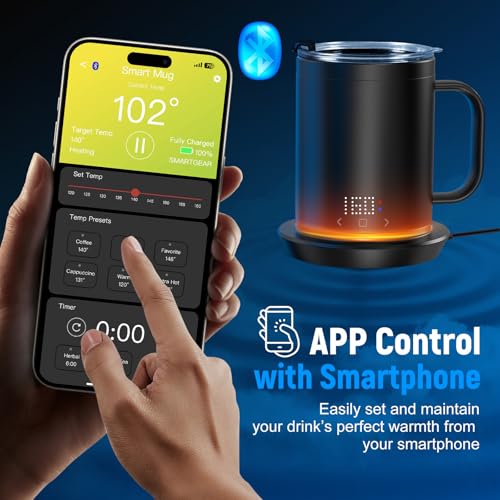Rechargeable Self-Heating Coffee Mug with App Control, 150 Min Battery, LCD Screen, 14 Oz