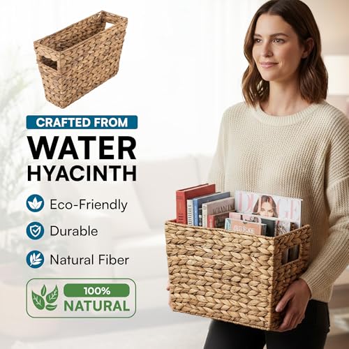 Water Hyacinth Woven Storage Basket for Magazines and Laundry - Natural, 15.5"L x 5.3"W x 10"H - Slim Tapered Design with Iron Frame