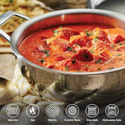Tramontina Utsava 1.8-Quart Tri-Ply Clad Stainless Steel Kadai with Lid, Small Kadhai Pot for Indian Cooking