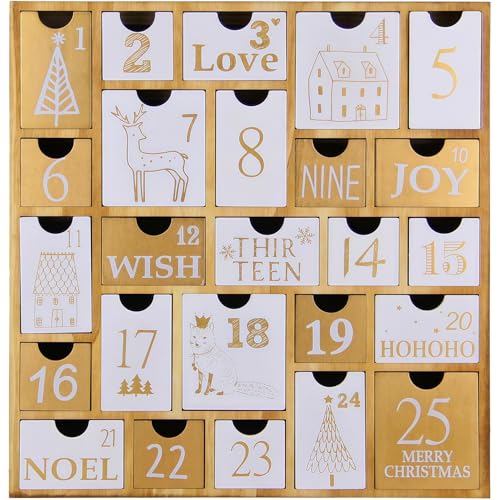 Wooden Advent Calendar with 25 Drawers - Refillable Christmas Countdown for Kids and Family
