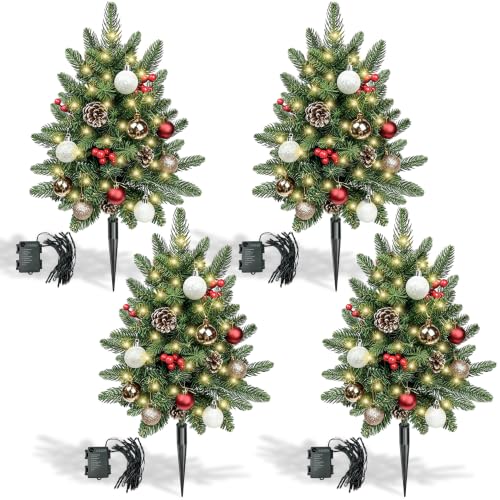 Conical 24-Inch Outdoor Christmas Topiary Trees Set with Lights - 4 Pack