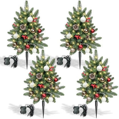Conical 24-Inch Outdoor Christmas Topiary Trees Set with Lights - 4 Pack