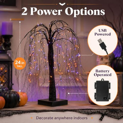 Halloween Black Lighted Willow Tree 24 Inch Tabletop Decor with 192 LED Lights - Purple Orange Lights, 8 Lighting Modes