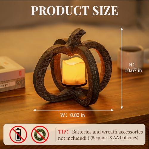 Wood Pumpkin Lantern Decor with LED Candle - Fall Table Centerpiece