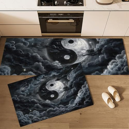 Dark Gray Clouds Mist Tai Chi Yin Yang Kitchen Rugs 2-Piece Non-Slip Mat Set 20x32 & 20x71 Inches Variation of THIS listing