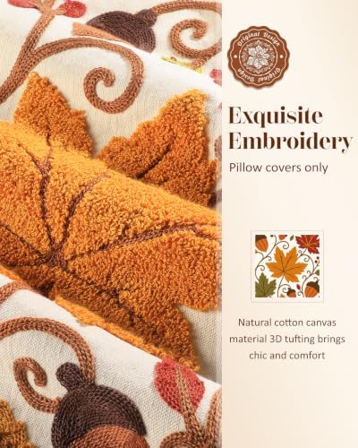 Fall Embroidered Throw Pillow Cover 18x18 Inch - Maple Acorn - Pack of 1