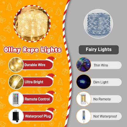 Outdoor Christmas Rope Lights 50FT 300 LED Warm White with Remote & Modes