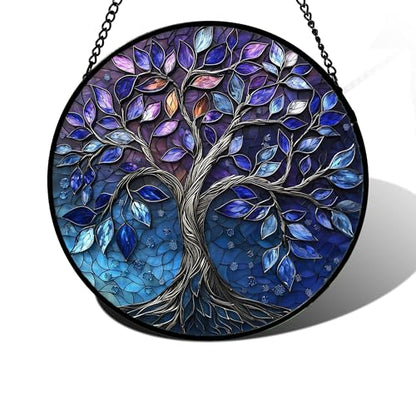 Blue Purple Tree of Life Stained Glass Window Hanging Suncatcher 7.8 Inch - Vibrant Home Decor
