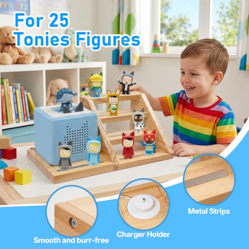 Natural 4-Tier Wooden Magnetic Tonies Shelf Organizer for Toniebox & Figures - Kid-Safe