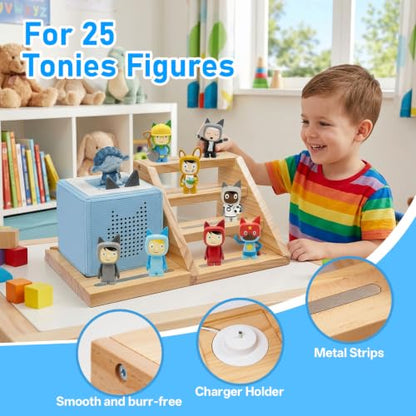 Natural 4-Tier Wooden Magnetic Tonies Shelf Organizer for Toniebox & Figures - Kid-Safe