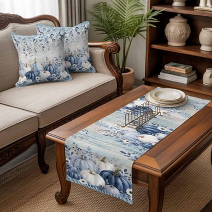 83 x 20 Inch Fall Bed Runner & Pillow Cover Set - Navy Blue Pumpkin Decor