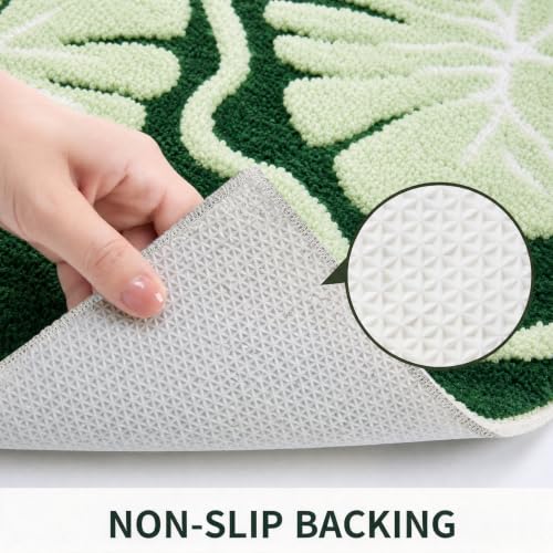 Green Bathroom Rug 16x24 Monstera Leaf Non-Slip Microfiber Bath Mat - Absorbent & Quick Dry