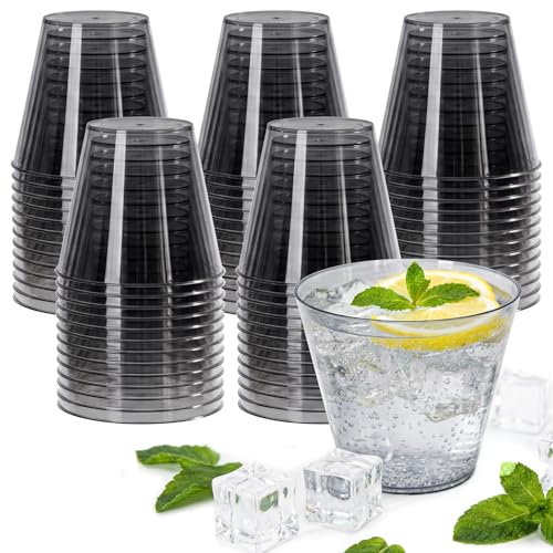 50 Pack 9oz Transparent Black Plastic Cups - Disposable Cocktail Glasses