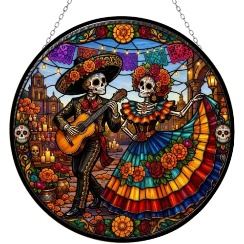 La Catrina Couple Suncatcher Stained Glass Panel - 11.8 Inches, Vibrant Art Decor - Variation of La Catrina Couple 1 / 30cm/11.8in