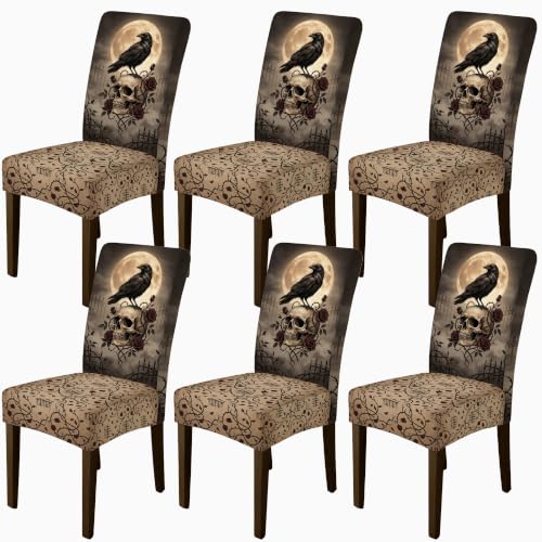 Black Skull Chair Covers for Dining Chairs - Gothic Roses Crow Halloween 6pcs
