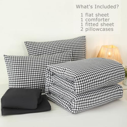 Full Gingham Bedding Set for Boys Black White Plaid Bed in a Bag 5Pcs