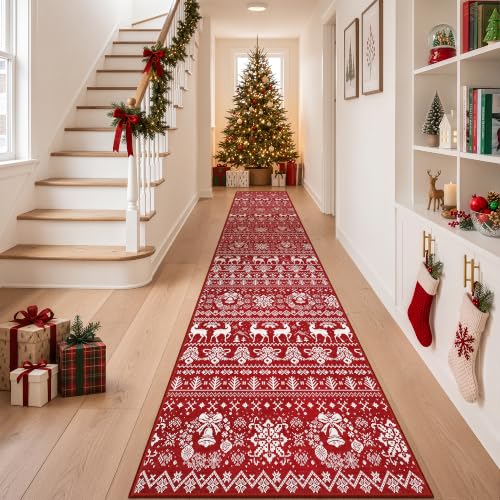 Christmas Runner Rug 2x10 ft Red Moroccan Style Washable Non-Slip Hallway Rug