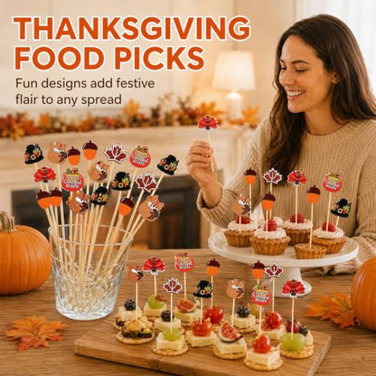 100 Pcs Fall Cocktail Picks with Autumn Leaf Pumpkin & Acorn Designs