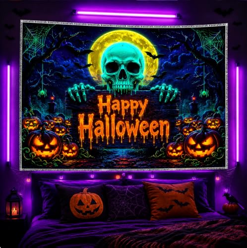 UV Reactive Halloween Tapestry Wall Hanging with Skull Pumpkin Design - Large 78x59 Inches