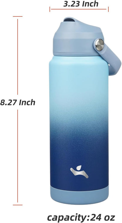 Skiennix Insulated Water Bottle - 24 Oz Stainless Steel with Straw Lid & Silicone Handle | Sky Color