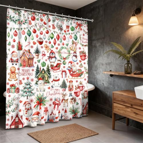 Christmas Shower Curtain Set with Hooks - 72 x 84 Inch Water-Resistant Polyester