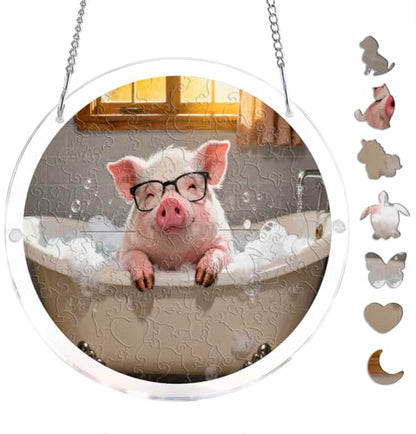 Round Acrylic Sun Catcher Puzzle 7.48 Inch with Pig Design, Style-10 - Hanging Crystal Decor