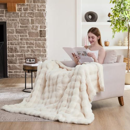 Electric Heated Blanket Throw 50x60 Bubble Beige Faux Fur with Overheat Protection