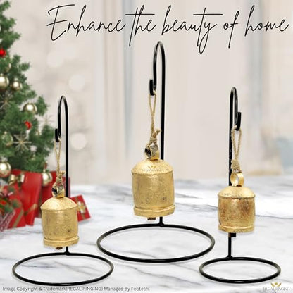 Set of 3 Black Metal Stand Golden Cow Bells with Rustic Finish Christmas Hanging XL Bells