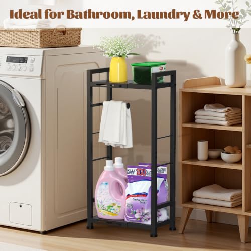 2-Tier Freestanding Toilet Paper Holder Stand with Shelf, Expandable Width 8.7-13in, Slim Floor Dispenser for Bathroom, Small Space, Black