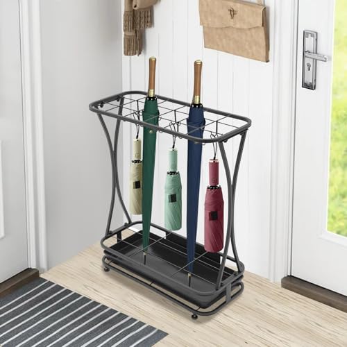 Metal Umbrella Holder Stand with 18 Slots and 10 Hooks for Entryway Organization
