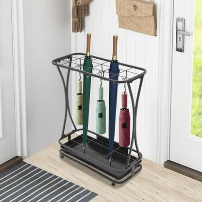 Metal Umbrella Holder Stand with 18 Slots and 10 Hooks for Entryway Organization