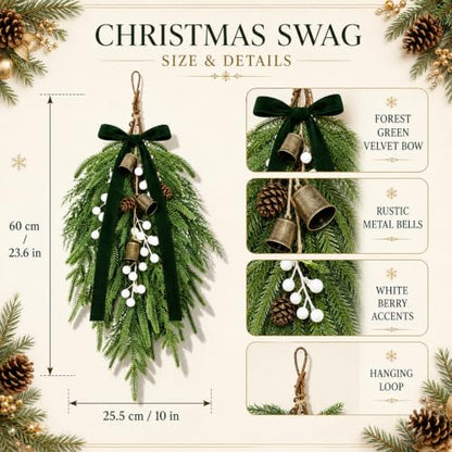 Green 2 Pack Christmas Pine Needle Berries Teardrop Door Swag Wreath Decor