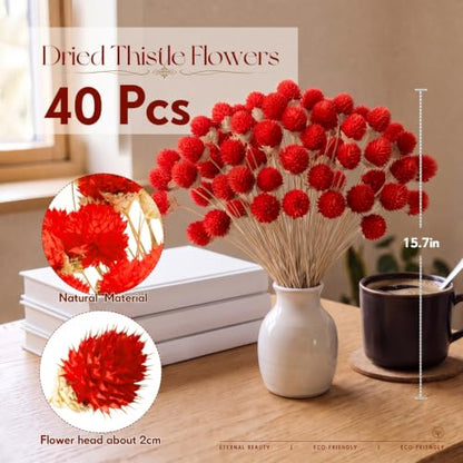 40 Pcs Dried Globe Amaranth Flowers - Red Floral Bouquet for DIY & Decor