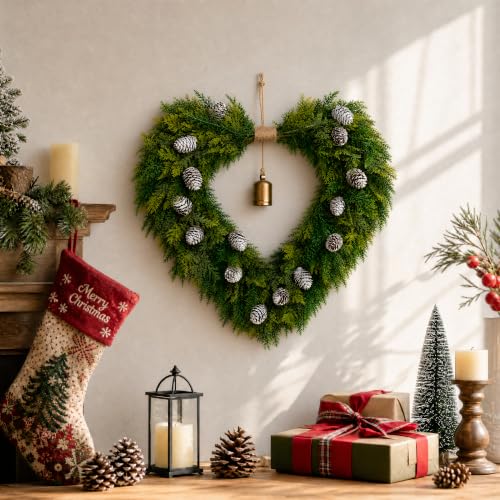 Green Heart Shaped Christmas Wreath with Gold Bells - 22 Inch Holiday Decor