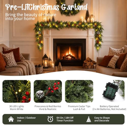 9FT Pre-Lit Christmas Cedar Garland with Lights & Remote Timer