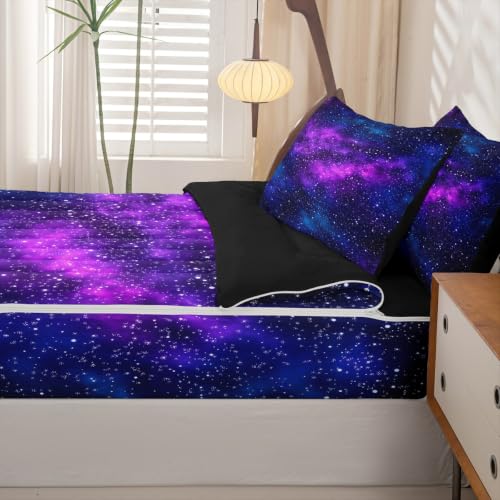 Purple Galaxy Twin Comforter Set with Zippered Fitted Sheet & Pillowcases - Space Universe Bedding