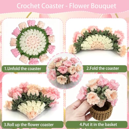 Pink Crochet Flower Coaster Set with Storage Basket - Handmade Home Decor