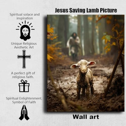 Jesus and Lamb Canvas Wall Art - Religious Christian Decor for Prayer Room, Christmas