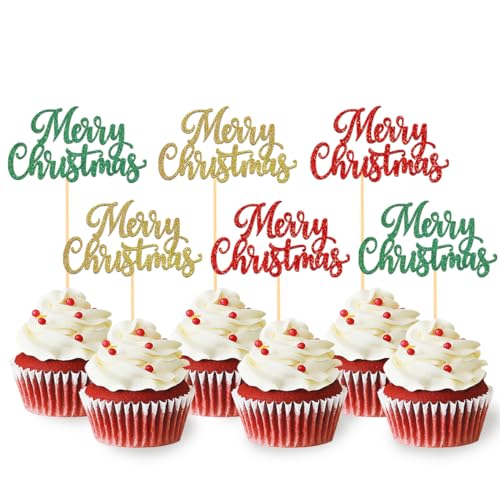 Merry Christmas Cupcake Toppers Set - Pattern C, 24 Holiday Cake Picks