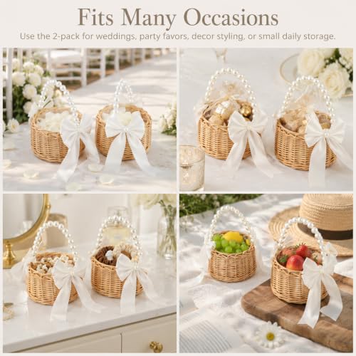 Wicker Flower Girl Basket Set with Pearl Handle & Bow for Wedding Decor